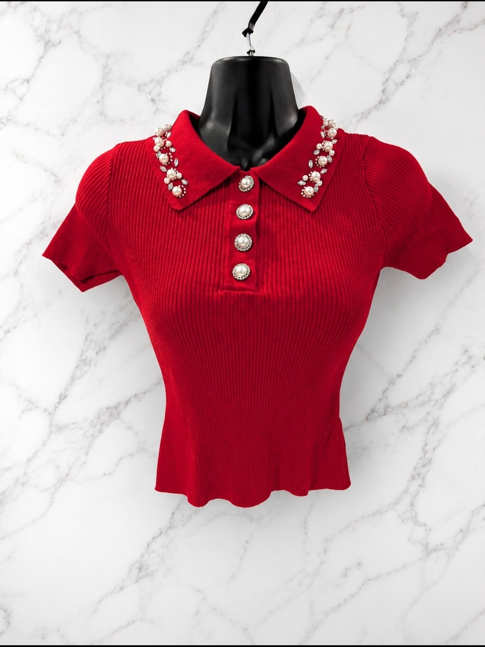 Red Ribbed Sweater Top w/ Pearl Rhinestone Collar Y2K Glam Size S